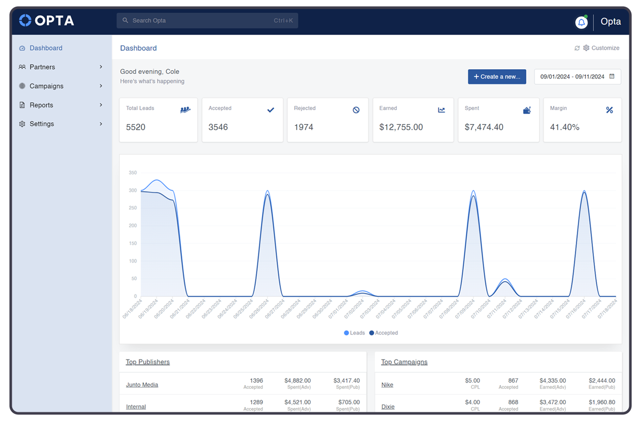 Opta dashboard preview